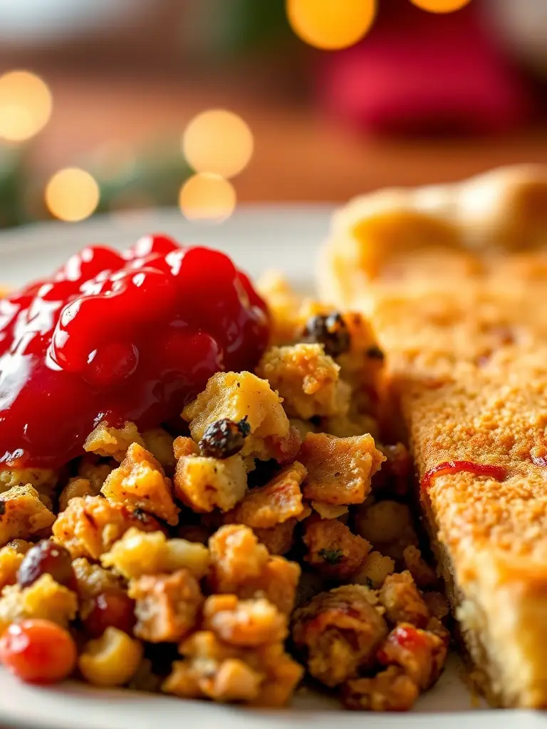 A close-up of a Swiss Chalet Festive Special, showing the stuffing, cranberry sauce, and a slice of pie.