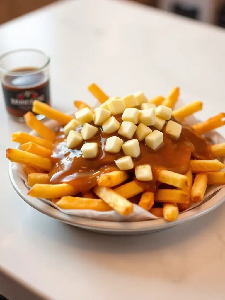 A delicious poutine with cheese curds and gravy.