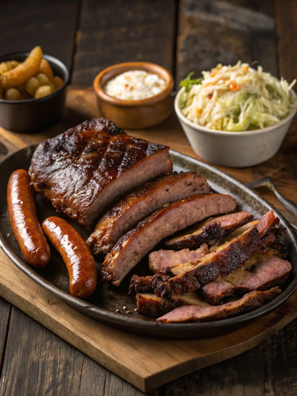 A vibrant image of a full rack of BBQ ribs, glistening with sauce, accompanied by coleslaw and mashed potatoes.