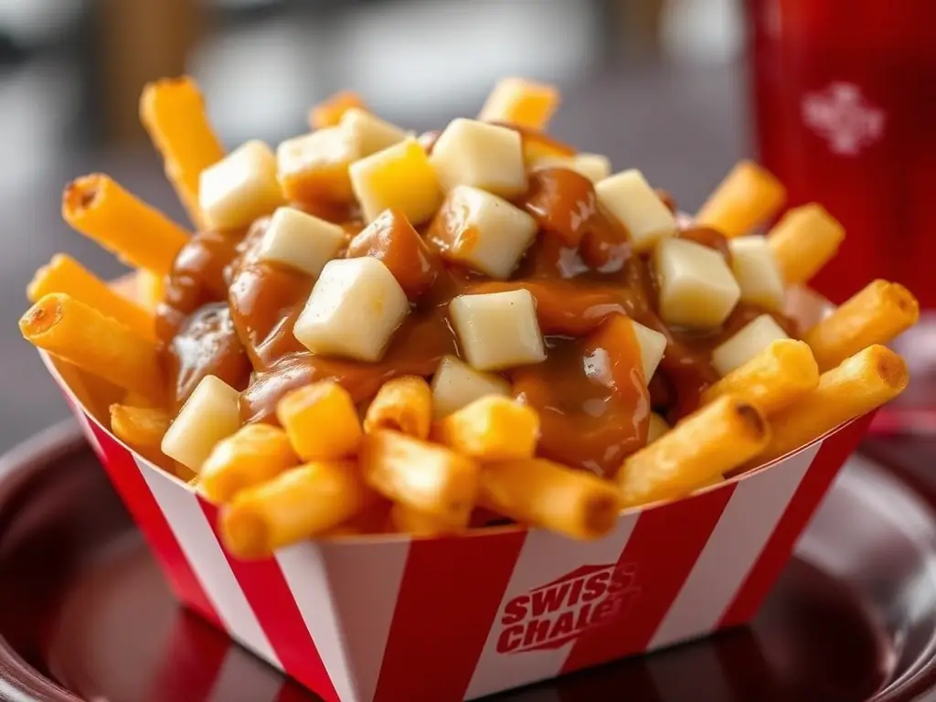 A tempting photo of Swiss Chalet's poutine, showcasing the crispy fries, cheese curds, and rich gravy, served in a classic poutine container.
