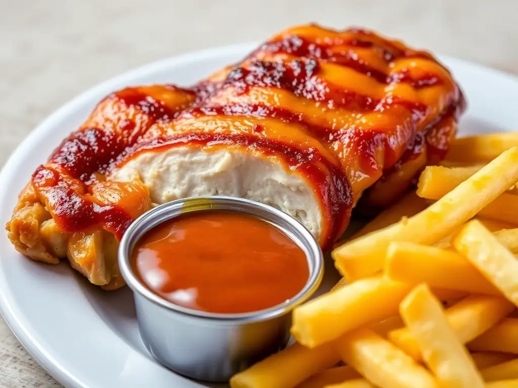 A close-up shot of Swiss Chalet's signature quarter chicken dinner with Chalet dipping sauce and a side of golden fries, highlighting the juicy chicken and flavorful sauce.