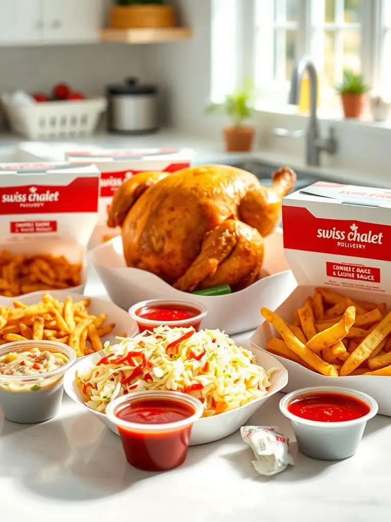 A variety of Swiss Chalet meals packaged for delivery, including rotisserie chicken, sides, and sauces.