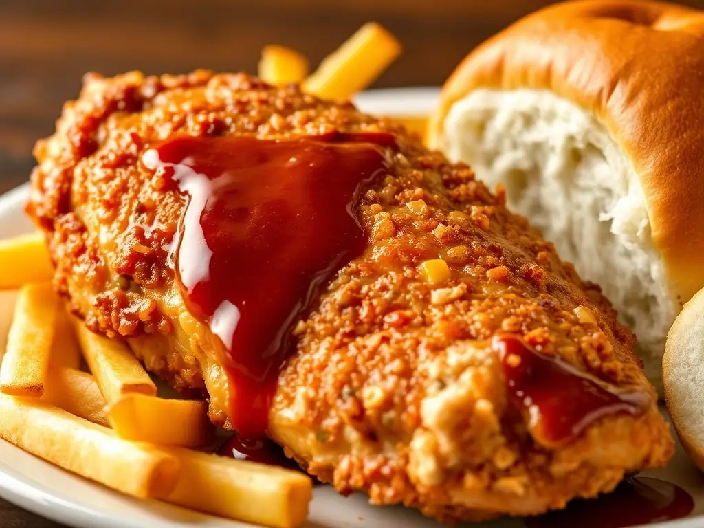 A close-up shot of a quarter chicken dinner with Chalet sauce, showcasing the juicy chicken and golden-brown skin, served with a side of fries and a dinner roll.