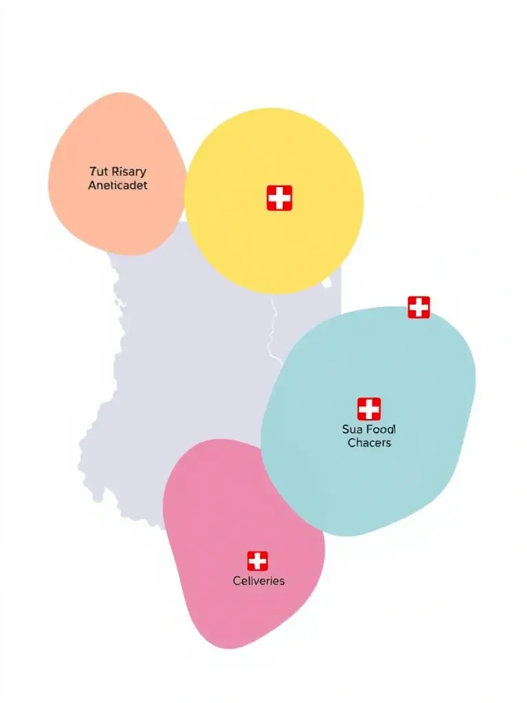 A map highlighting the delivery zones covered by Swiss Chalet, showcasing the wide area of service.