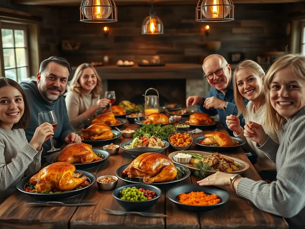 A vibrant image of a Swiss Chalet Family Feast, featuring a whole rotisserie chicken, multiple sides, and Chalet sauce, arranged on a wooden table.
