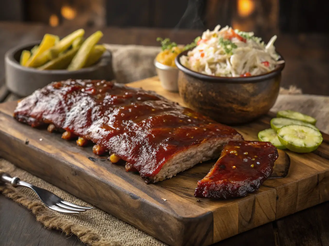 A mouth-watering image of Swiss Chalet's BBQ back ribs, glazed with a smoky BBQ sauce and served with a side of coleslaw and fries.