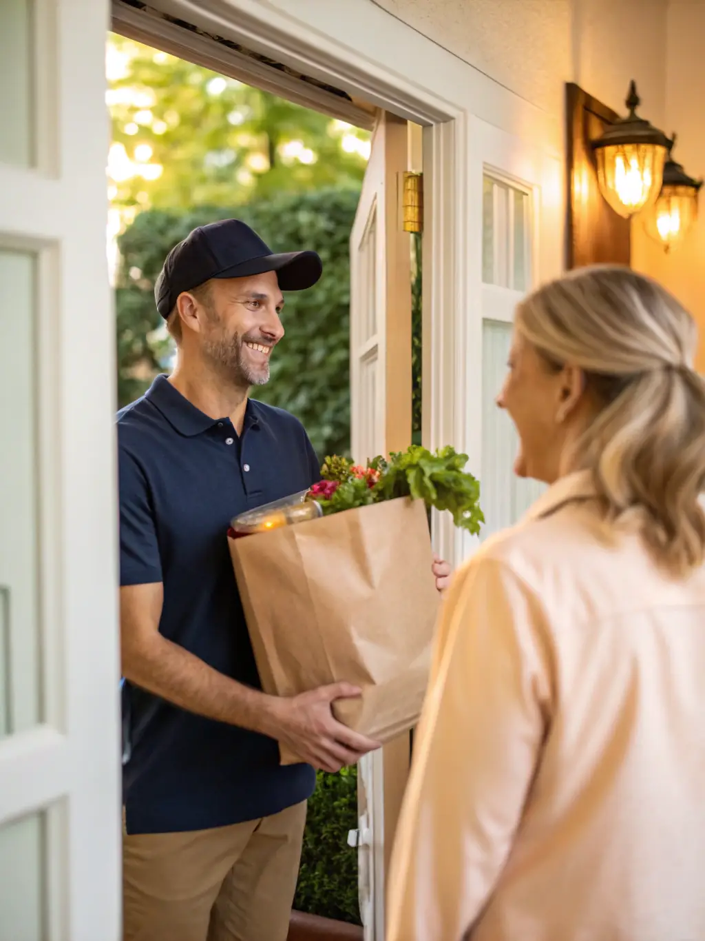 A delivery driver in a Swiss Chalet uniform handing a customer a bag of food at their doorstep, emphasizing friendly and efficient service.
